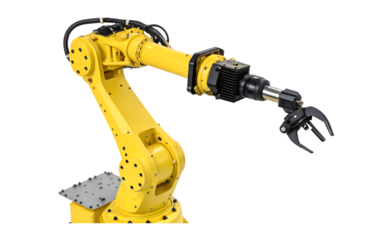 Modern Yellow Industrial Robotic Arm with Gripper Isolated on White