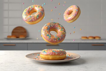 Delicious donuts with pink frosting and sprinkles in motion food photography