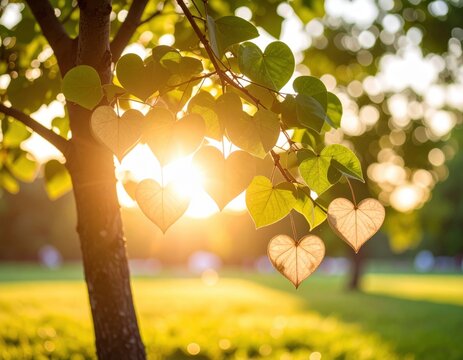 Heart shaped leaves in a park at sunset
