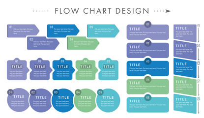 寒色系でまとめたフローチャートデザインのテンプレートセット（フローチャート 流れ図 ビジネス インフォグラフィック）