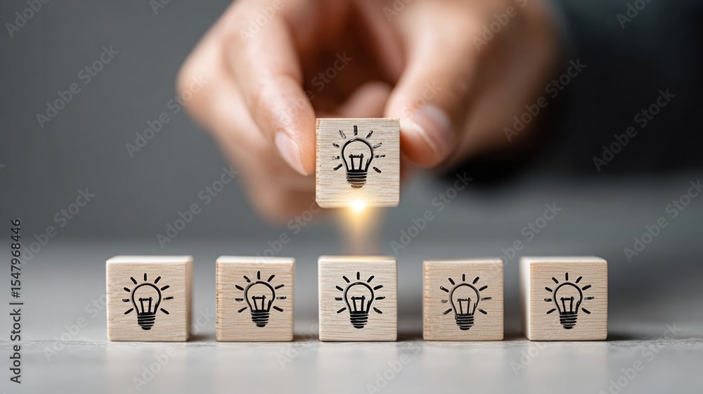 Poster person is holding a wooden block with a light bulb on it. the block is part of a stack of blocks, wi