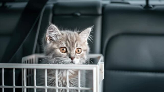 A fluffy kitten curiously looks out from a pet carrier while traveling in a vehicle, showcasing its playful personality and charm