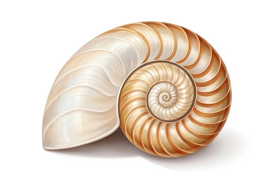 Detailed illustration of a nautilus shell exhibiting fibonacci sequence and spiral geometry