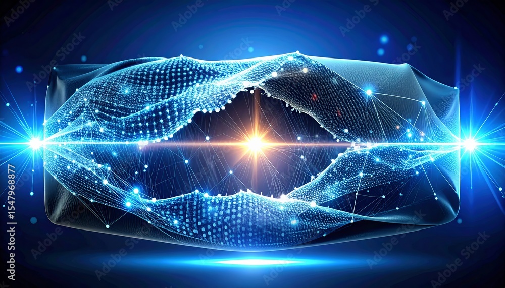 Poster close-up of futuristic self healing material with glowing nano structures regenerating under light b