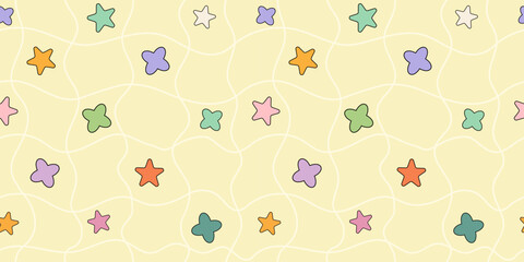 Y2K inspired seamless pattern with stars. Retro colorful elements. Great for apparel, party decorations, kids wallpapers, or fun branding elements