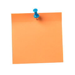 Orange Sticky Note with blue Pushpin Isolated on Transparent Background. Orange sticky post it note with blue pushpin. isolated on white or transparent background. PNG
