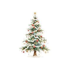 Watercolor Christmas Tree with Snow and Ornaments - Festive Holiday Decoration