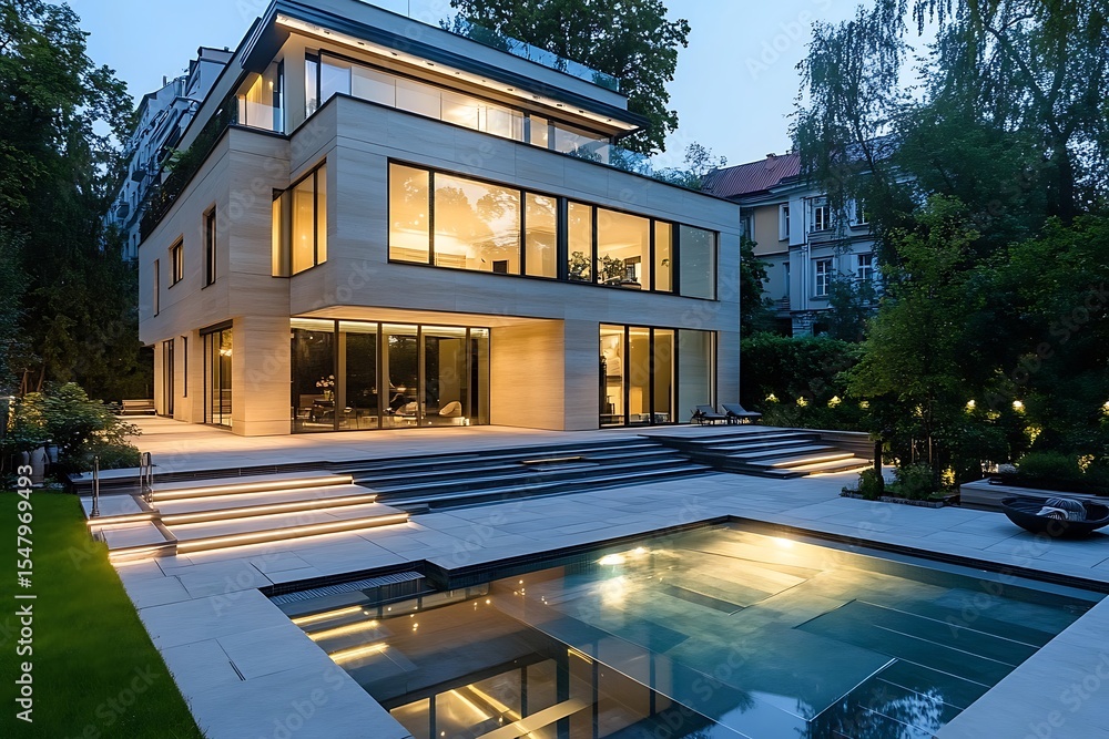 Poster ultra-modern cube house with floating steps leading to a tranquil pool under soft night lighting