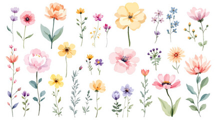 Spring  Set flowers watrecolor clipart on withe background