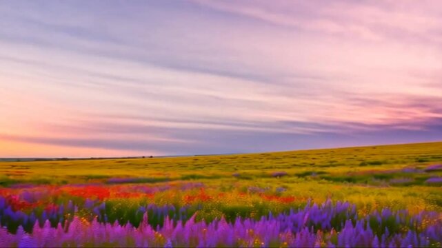 Nature Vibrant Pemandangan Lapangan Bunga Liar di Sunset Berwarna-warni Cerah Penuh HD Rekaman Video Download, Generative AI