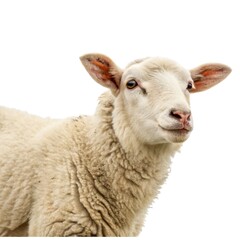 Naklejka premium Close-up portrait of a cute, young lamb and an adult ewe on a farm, isolated on white with green grass, highlighting their wool and gentle faces