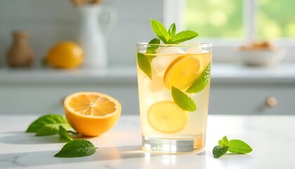 Fototapeta premium Fresh Citrus Mint Infused Water in Clear Glass for Wellness BrandingHydrating Citrus and Mint Drink in Transparent Glass – Spa AestheticDetox Water with Lime, Lemon & Mint – Clean Living Beverage 