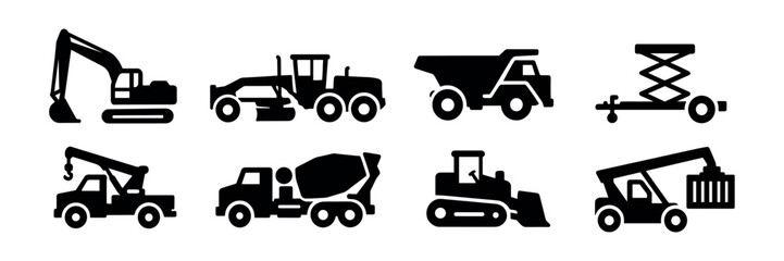 Construction equipment silhouette icon set. heavy machinery, tools for building projects