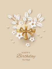 Happy Birthday Greeting Poster. Holiday composition with white beautiful flowers, hearts and gift box with a golden bow. Perfect greeting card for Women's Day, Wedding, Mother's Day