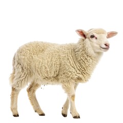 White farm sheep and their lambs stand in a green, rural pasture