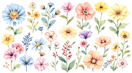 Spring  watercolor flowers vector illustration, Colorful spring flowers, Set of watercolor flowers, Clipart watercolor flowers	