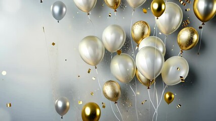 Balloons in gold and white float gracefully while confetti adds sparkle, setting a festive mood for upcoming celebrations