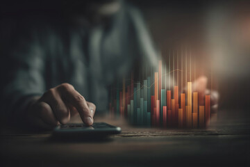 Businessman analyzing financial growth using calculator and virtual graph