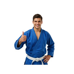 Confident Male Judoka Giving Thumbs Up in Blue Gi