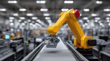 Fototapeta premium Automated Precision A Yellow Industrial Robot Arm Expertly Holds An Engine Part Above A Conveyor Belt In A State Of The Art Modern Manufacturing Factory