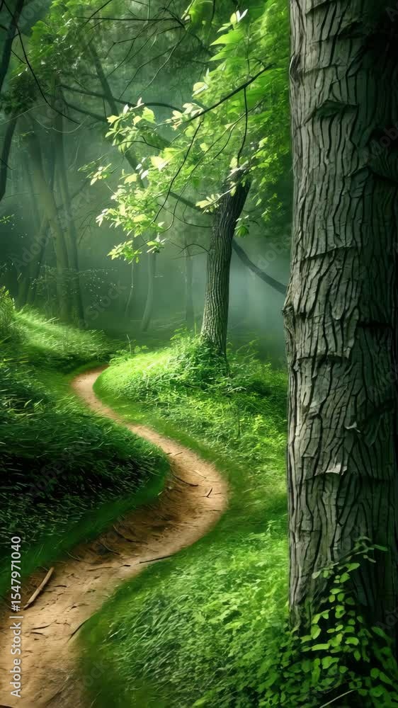 Poster explore a serene winding path surrounded by lush greenery and sunlit trees in a tranquil forest sett