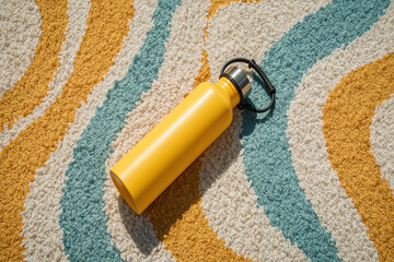 Yellow metal tumbler on textured rug warm lighting