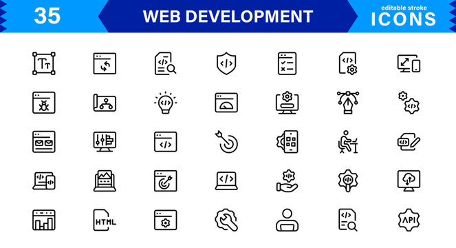 Modern Web Development Icon Set Featuring Coding, Websites, Programming, Design, and Development Concepts in a Professional, Clean Vector Style