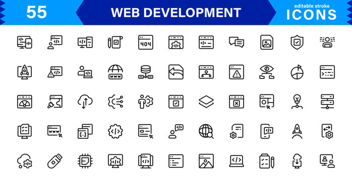 Modern Web Development Icon Set Featuring Coding, Websites, Programming, Design, and Development Concepts in a Professional, Clean Vector Style