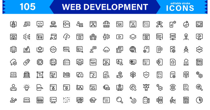 Modern Web Development Icon Set Featuring Coding, Websites, Programming, Design, and Development Concepts in a Professional, Clean Vector Style
