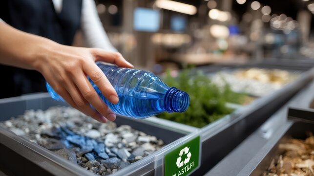 Person responsibly recycles a plastic bottle promoting ecological awareness and green living in a well equipped recycling station for sustainable waste management