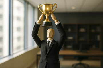 A wooden mannequin in a suit lifts a trophy high symbolizing success leadership and achievement in business