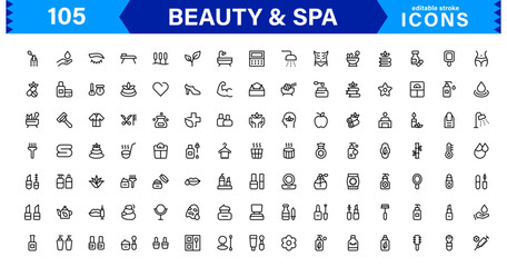 Beauty and Spa Icon Set Representing Wellness, Facial, Skin Care, Relaxation, and Beauty Treatments in a Clean, Professional, Minimalist Vector Design