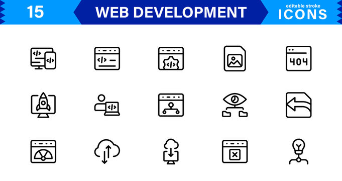Modern Web Development Icon Set Featuring Coding, Websites, Programming, Design, and Development Concepts in a Professional, Clean Vector Style