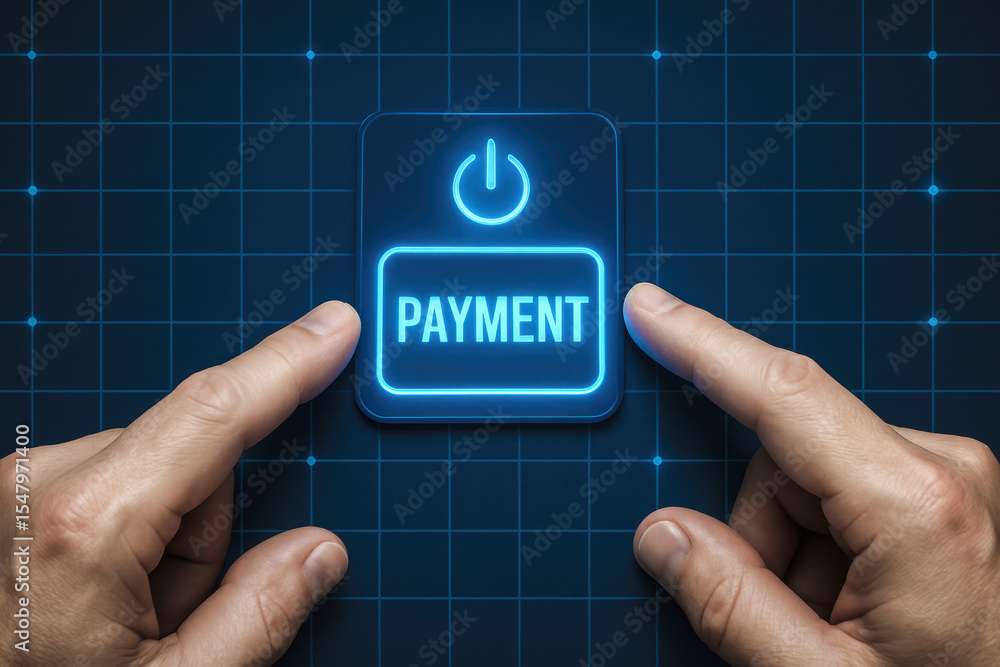 Poster the concept transaction control is illustrated by two hands activating a glowing payment switch on a