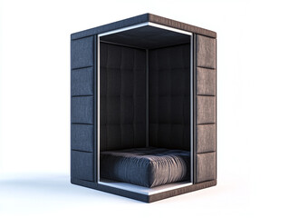 A sound isolating booth, isolated on a white surface, with padded walls and no shadow.