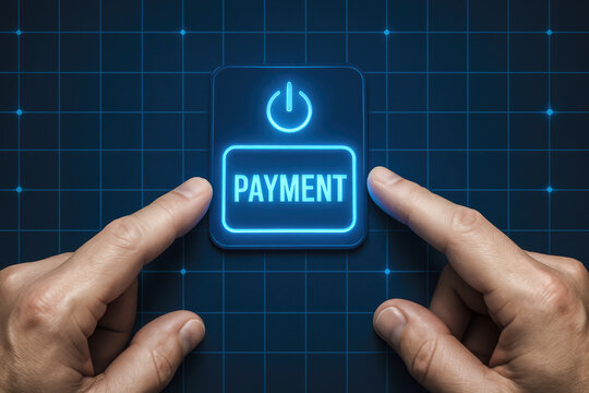 The concept transaction control is illustrated by two hands activating a glowing payment switch on a digital interface with a grid background