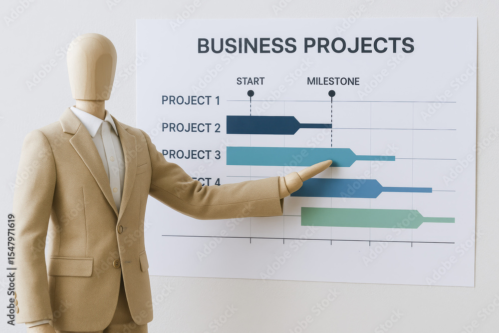 Poster a wooden mannequin in business attire gestures toward a timeline chart illustrating key project mile