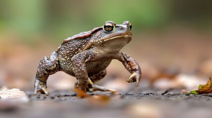 Obraz premium A large amphibian strides forward on a forest floor surface