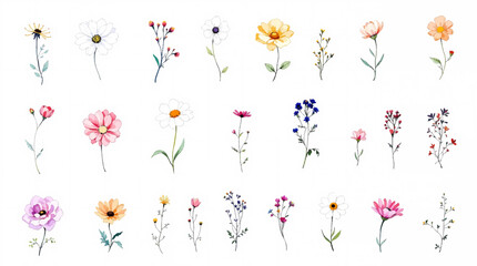 Colorful spring flowers, Set of watercolor flowers, Clipart watercolor flowers	
