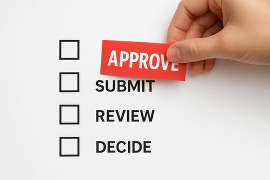 A concept decision-making in business shows a lifting a red label that signifies approval above other steps like submit review and decide