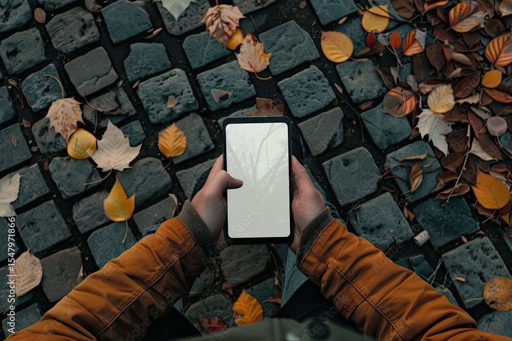Poster high definition visual of overhead shot of man using mock up smartphone while standing outdoor
