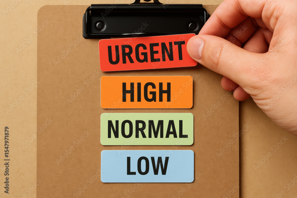 Poster prioritization in task management is emphasized by placing a marked urgent label above high normal a