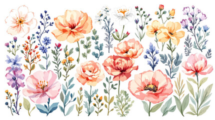 Colorful spring flowers, Set of watercolor flowers, Clipart watercolor flowers	
