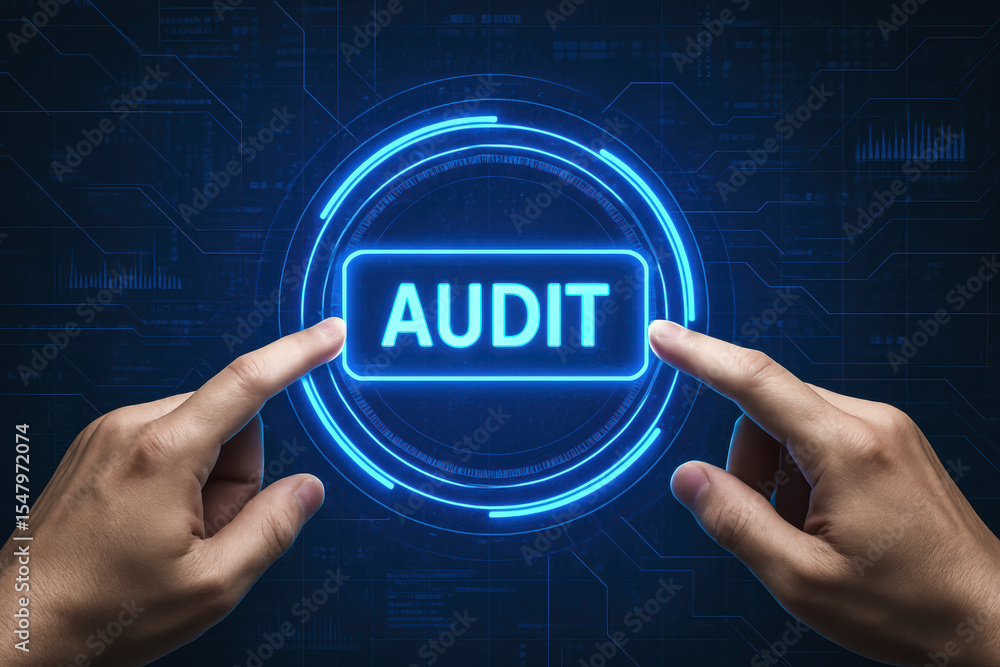 Poster a close-up two hands activating a glowing digital interface highlights the concept audit and financi