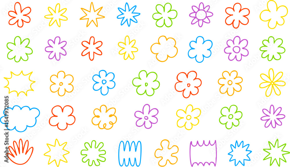 Poster collection of vibrant hand drawn flower doodles and abstract shapes in outline style. includes 40 un