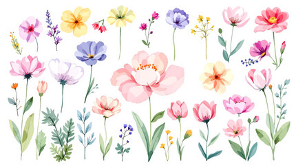 Colorful spring flowers, Set of watercolor flowers, Clipart watercolor flowers	