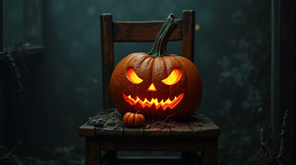 Obraz premium Glowing orange pumpkin in abandoned old house on old vintage chair, halloween