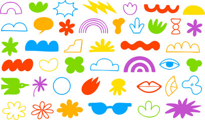 Set of vibrant hand drawn abstract shapes in various colors. Includes flowers, rainbows, lightning, lips, eyes, clouds, and decorative elements. Ideal for modern design. Vector EPS 10