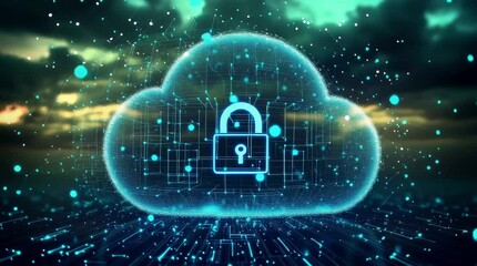 A glowing digital cloud with a secure padlock symbol represents cloud data security and protection in a connected virtual environment.