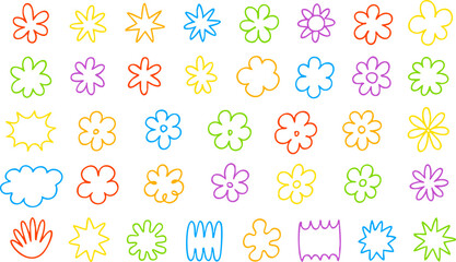 Collection of vibrant hand drawn flower doodles and abstract shapes in outline style. Includes 40 unique colorful vector elements for spring and playful designs. Vector EPS 10